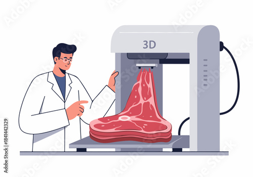 Scientist 3D printing lab-grown meat: a futuristic approach to sustainable food production and cellular agriculture innovation, redefining the future of protein and meat alternatives.