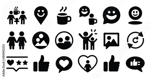 Social interaction solid icons set including silhouette and filled symbols representing interaction, communication, collaboration, and connection in modern flat vector design
