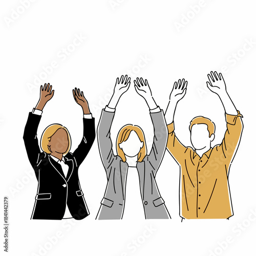 Minimal Bold-Line Business Team Celebrating Project Milestone with Raised Hands – Vector Illustration