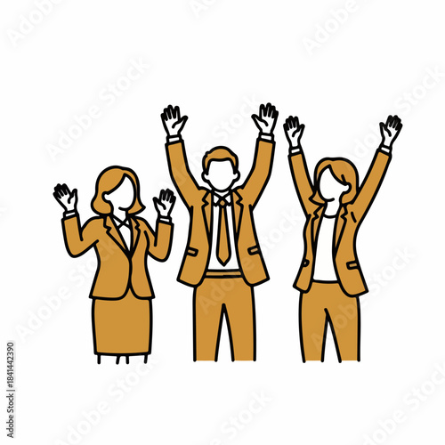 Minimal Bold-Line Business Team Celebrating Project Milestone with Raised Hands – Vector Illustration