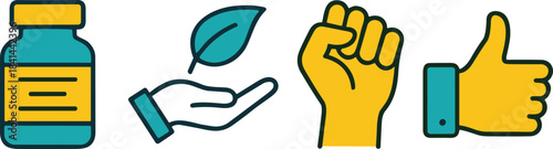 Health icons, natural living, supplements, eco-friendly lifestyle, empowerment, strength, positivity, wellness, medicine, approval, activism, organic care, raised fist, thumbs up, leaf 