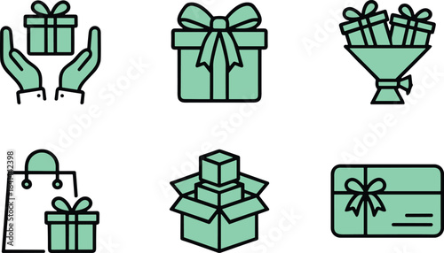 Gift icons, present boxes, shopping bag, gift card, celebration, voucher, packaging, holiday, surprise, minimalist, green, black