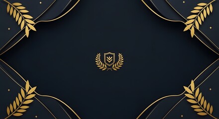 Elegant dark blue background with golden laurel wreath emblem and decorative corner accents, exuding luxury and sophistication.