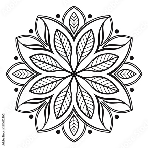 Intricate black and white mandala design with leaf motifs