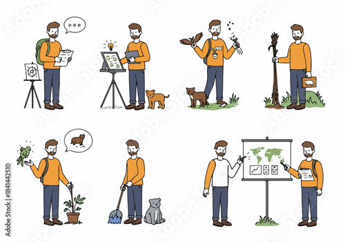 Illustrated scenes of a man engaged in environmental conservation, research, animal care, and ecological education, from field study to global sustainability presentations.