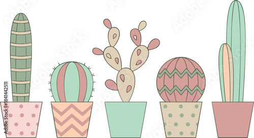 Pastel cactus illustration, potted plants, decorative succulents, zigzag pots, polka dots, cartoon style, indoor greenery, botanical decor, quirky design, soft tones, playful shapes, cute cactus