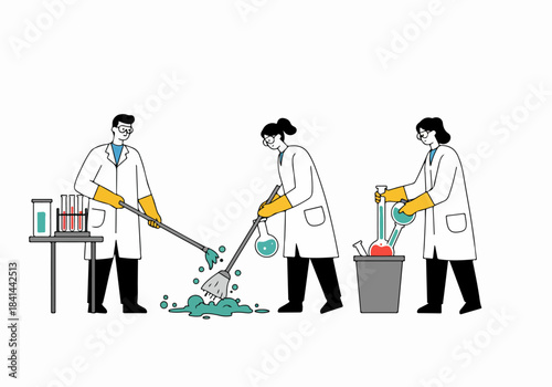 Scientists performing lab cleanup, handling chemical spills and disposing of materials. Lab safety and experiment results are part of daily scientific research.