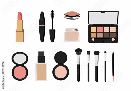 Comprehensive collection of essential makeup products and beauty tools, including lipstick, mascara, eyeshadow palette, foundation, blush, powder, and various brushes.