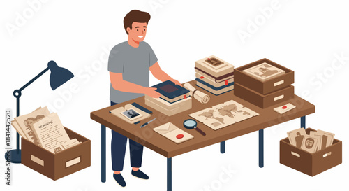 Smiling archivist organizing historical documents, old maps, photographs, and books on a desk, surrounded by boxes of records, performing dedicated research and preservation.