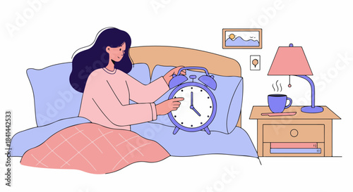 Young woman in bed setting an alarm clock, ready for a new day or adjusting her sleep schedule, next to a cozy nightstand with coffee.