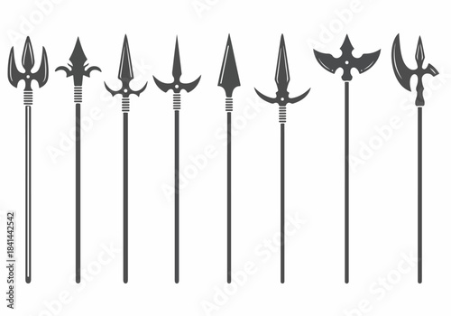 Collection of ancient and medieval polearms and spears in silhouette style, showcasing various weapon designs.
