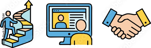 Personal growth, virtual learning, online meeting, remote collaboration, digital communication, partnership, handshake, progress, success, teamwork, motivation