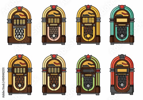 Collection of Retro Jukeboxes: Classic Vintage Music Machines with Colorful Accents, Ideal for Nostalgic Entertainment Themes and Design.
