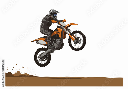 Dynamic vector illustration of a dirt bike rider airborne during an off-road jump, with soil splashes, isolated on a white background.