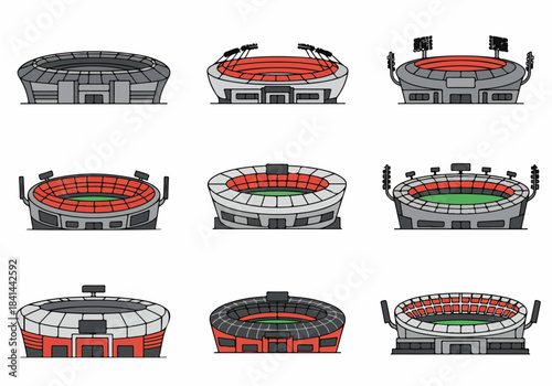 Diverse Cartoon Sports Stadiums and Arenas Vector Illustration Set