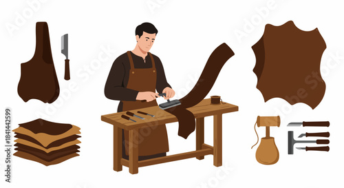 Skilled leather craftsman working at his workbench with raw materials and tools, illustrating the traditional process of creating handmade leather goods.