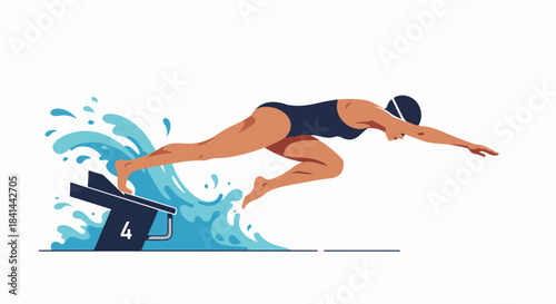 A female swimmer launching off a starting block with a powerful splash, showcasing dynamic action and competitive spirit in aquatic sport.