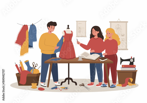 Fashion designers collaborating in a creative studio, working on new apparel collections. Tailors and stylists at work, sketching, draping fabric on a mannequin, surrounded by tools.