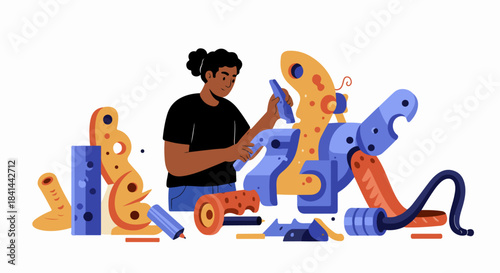 Creative individual assembling abstract components in a colorful, innovative design process.