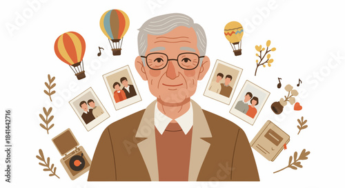 Elderly man surrounded by cherished memories: old photographs, hot air balloons, music, and a book illustrating a life well-lived.