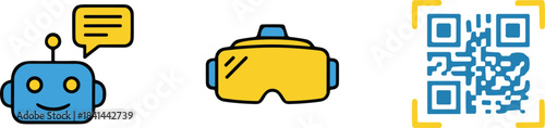 Technology icons, robot communication, VR goggles, QR code, AI interface, virtual reality, digital access, smart tools, innovation, tech symbols, augmented reality, scannable code,