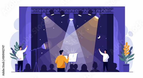 Public speaking event on stage with spotlights, featuring a presenter addressing an audience in a modern, flat illustration style. Perfect for conferences or performances.