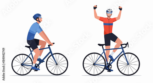 Illustration of two male cyclists, one actively riding a road bike and another celebrating a victory with arms raised, depicting sport, achievement, and healthy lifestyle.