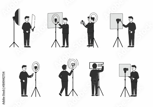 Content Creation and Photography Setup Illustrations: People Using Ring Lights, Softboxes, and Mobile Cameras for Vlogging and Professional Shoots.