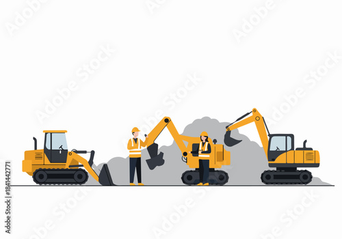 Construction site with workers operating yellow excavators, engaged in earthmoving and ground development for a new project.