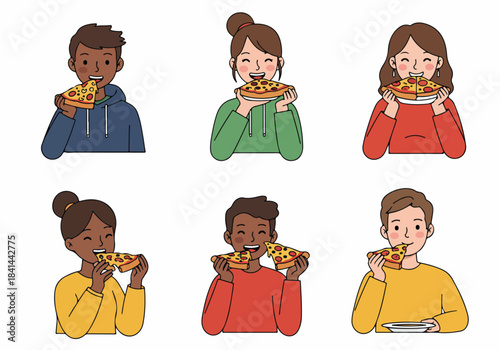 Diverse group of young people happily eating pizza slices, enjoying fast food together in a cheerful illustration.