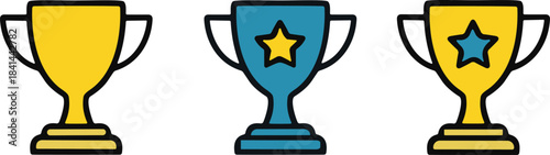 Trophy icons, achievement, award, winner, celebration, gold cup, star prize, success, recognition, reward, competition, honor