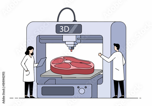 Scientists developing future food with 3D printed meat technology, illustrating cellular agriculture and modern food innovation in a laboratory setting.