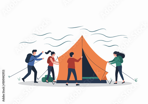 Friends setting up a camping tent outdoors, embarking on an active adventure and enjoying teamwork in nature.