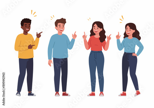 Diverse Young People Pointing and Sharing Ideas with Enthusiastic Expressions and Sparking Thoughts, Illustrating Collaboration and Innovation.