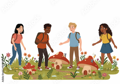 Diverse Young Explorers Discover a Magical Mushroom Village in a Whimsical Garden, Fostering Imagination and Adventure.