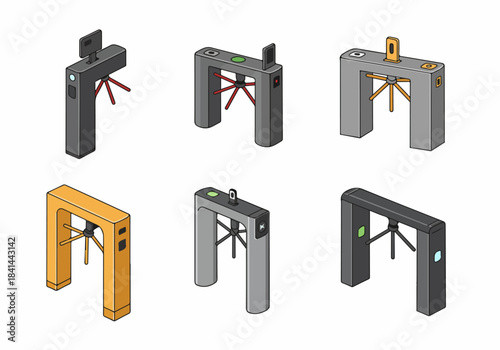 Isometric Turnstiles for Access Control and Security Systems. Modern Entry Barriers, Ticket Gates, and Pedestrian Management Solutions in Various Designs.