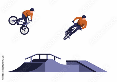 Two BMX riders performing dynamic airborne tricks over a ramp and rail setup, showcasing extreme sports action in a modern flat design illustration.