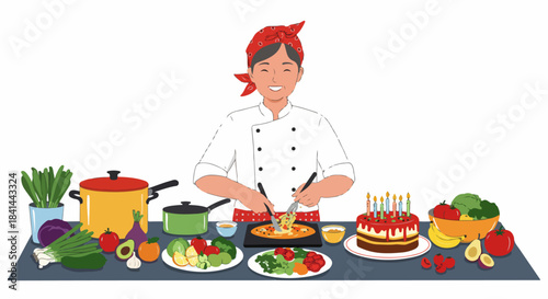 Joyful chef prepares a festive meal with fresh ingredients and a birthday cake, symbolizing healthy cooking, celebration, and culinary passion in a vibrant kitchen setting.
