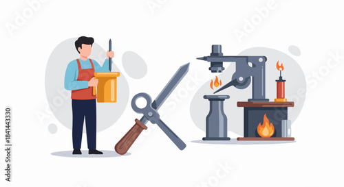 Man Crafting Metal in a Traditional Workshop with Forge and Anvil, Illustrating Skilled Blacksmithing and Industrial Artistry