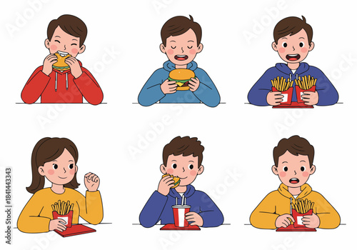 Cheerful cartoon kids and teens enjoying delicious fast food like burgers and french fries.