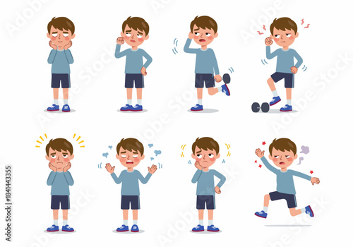 A young boy's journey from sleepy reluctance and fatigue to energetic activity and motivation, illustrating different states of alertness and effort.