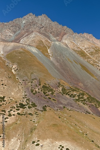 View of Barskoon valley in Terskey Ala Too mountain system. Tian Shan mountains. Kyrgyzstan. Asia.