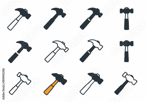 Collection of Hammer Icons: Various Styles of Claw Hammers and Sledgehammers for Construction, DIY, and Repair Tool Concepts