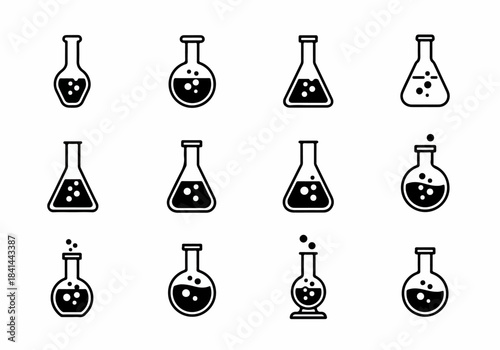 Science laboratory flasks vector icon set with bubbling liquids for chemistry, experiment, and research illustrations.