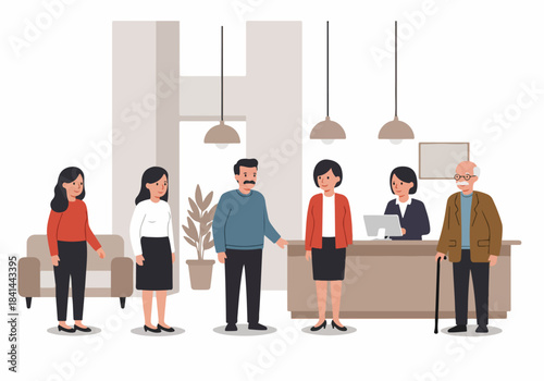 Diverse group of people in a modern reception area, interacting with friendly receptionists, representing efficient customer service and administrative support.