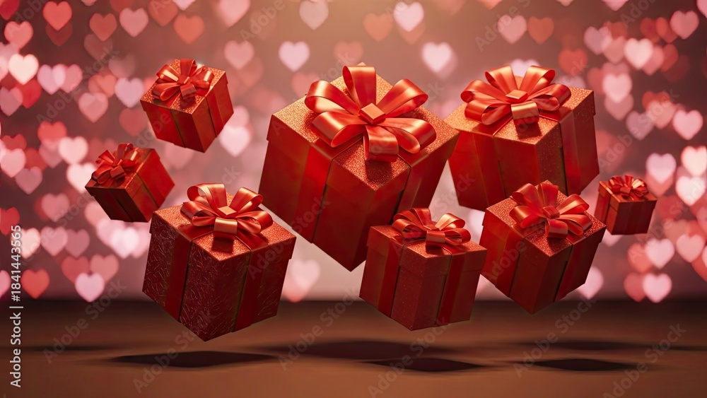 Obraz premium Floating red gift boxes with heart bokeh background