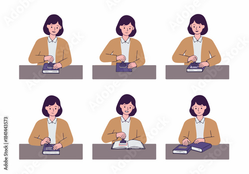 Woman Stamping Books and Managing Documents in a Professional Setting: A Flat Illustration Series Depicting Administrative Tasks.