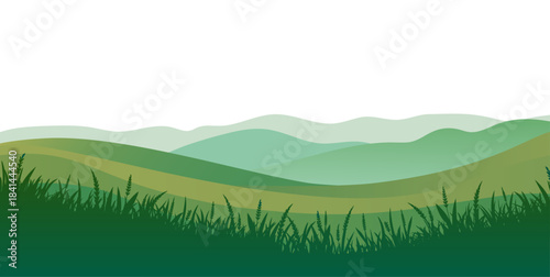 Minimal green grass silhouette landscape. Simple vector illustration with soft layered hills and clean grass shapes along the bottom edge. Flat minimalist design