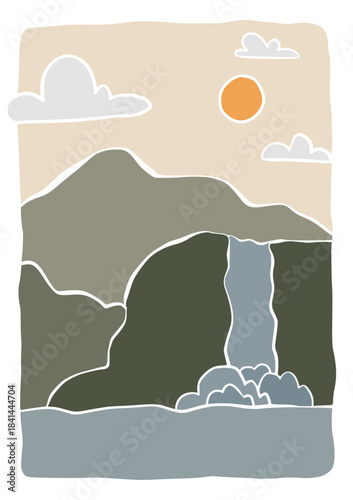 Waterfall landscape panorama hand draw illustration. river and mountains organic lines matisse style, naive art, contemporary backgrounds vector illustration