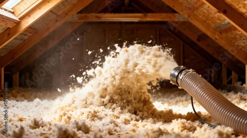 Close medium view of cellulose insulation being blown into attic space for improved thermal performance.